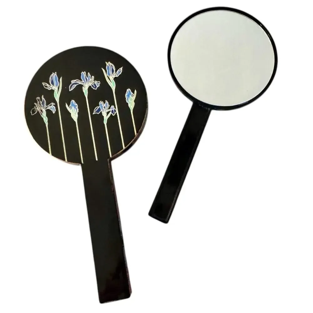 Vintage Otagiri Double Hand Mirror Nesting Black Lacquer Iris Floral Japanese